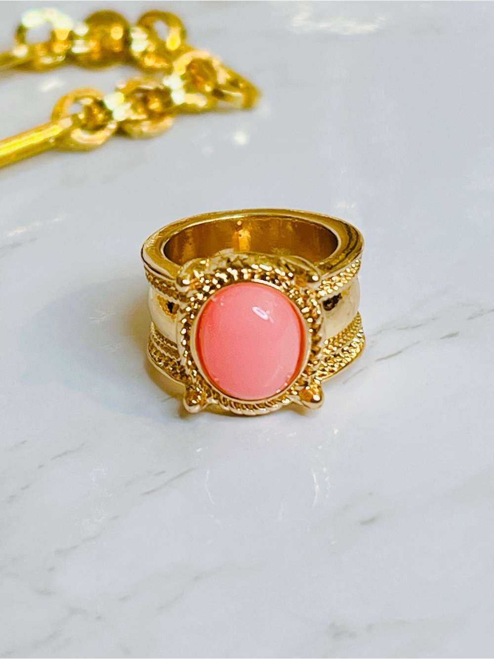 18k yellow gold plated Oval coral lucite ring sz 3.5 pinky or knuckle